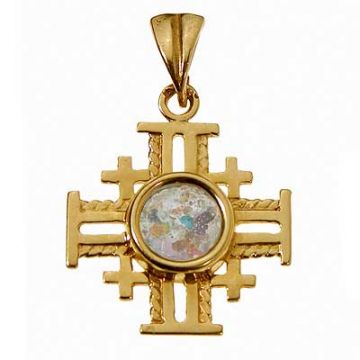 14K Gold Jerusalem Cross set with Ancient Roman Glass