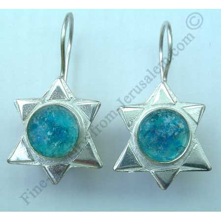 ethnic design in sterling silver Star of David earrings with Roman glass