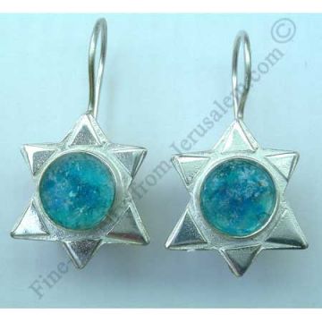 ethnic design in sterling silver Star of David earrings with Roman glass
