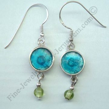 delicate samll round sterling silver earrings with peridot beads and Roman glass
