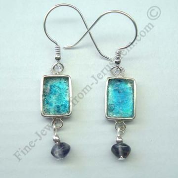 delicate samll rectangle sterling silver earrings with pearl beads and Roman glass