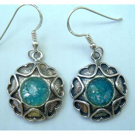 romantic design in sterling silver Star of Hearts earrings with Roman glass