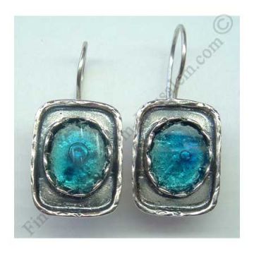 delicate sterling silver rectangle earrings with set with Roman glass