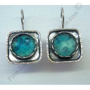 delicate sterling silver square earrings with set with Roman glass