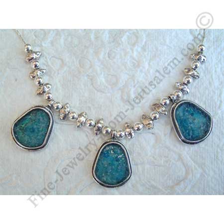 delicate sterling silver Dewdrop necklace with silver beads and 3 Roman glass pendants