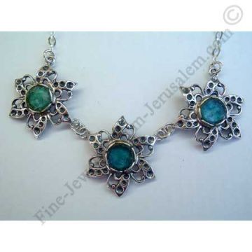 ethnic sterling silver 3 stars necklace with Roman glass