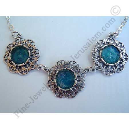ethnic sterling silver 3 flowers necklace with Roman glass