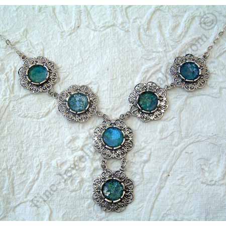 ethnic sterling silver 6 flowers necklace with Roman glass