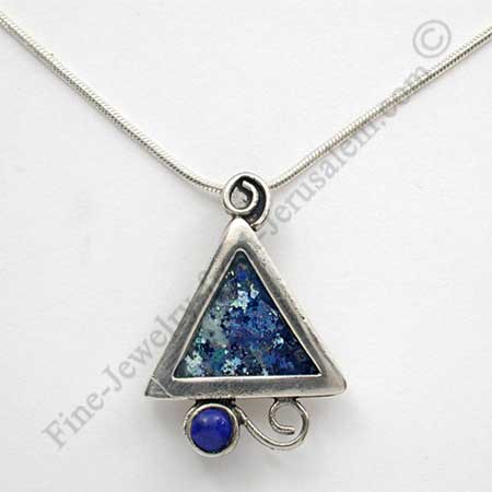 beautiful sterling silver triangle pendant with lapis set below Roman glass