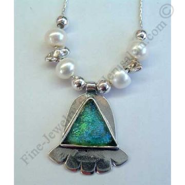 delicate sterling silver Hamsa pendant with silver beads pearls and triangle Roman glass