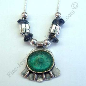 ethnic design in sterling silver Hamsa pendant with assortes silver beads ayolite beads and Roman gl