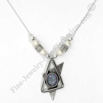 modern design in sterling silver Star of David pendant with assorted silver beads pearls and Roman g