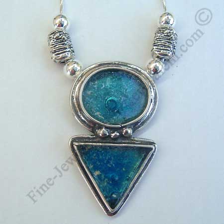 ethnic design in sterling silver necklace with assorted silver beads oval and triangle Roman glass
