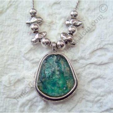 delicate sterling silver Dewdrop necklace with assorted silver beads and Roman glass