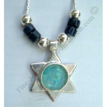 delicate sterling silver Star of David pendant with silver and demortorite beads and Roman glass