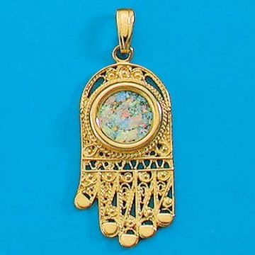 14K Gold filigree Hand set with ancient Roman glass